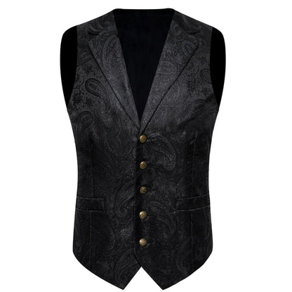 Shining Black Paisley Jacquard Silk Men's Collar Bowtie Vest Set vest set    - Sophisticated Gentlemen