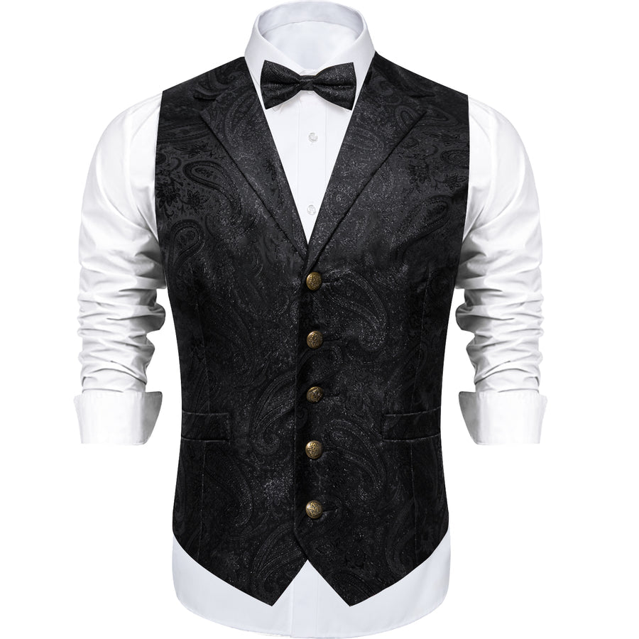 Shining Black Paisley Jacquard Silk Men's Collar Bowtie Vest Set vest set    - Sophisticated Gentlemen