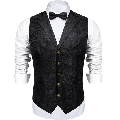 Shining Black Paisley Jacquard Silk Men's Collar Bowtie Vest Set vest set    - Sophisticated Gentlemen