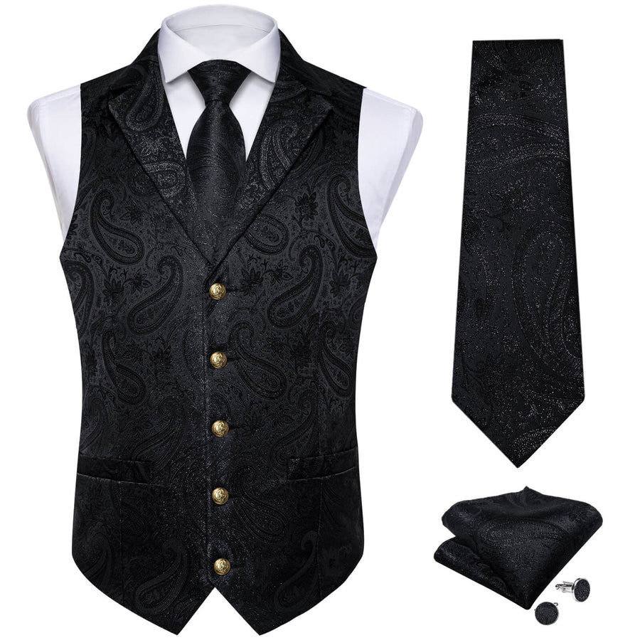 Midnight Black Woven Paisley Silk Suit Vest Set vest set    - Sophisticated Gentlemen