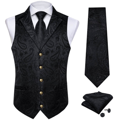Midnight Black Woven Paisley Silk Suit Vest Set vest set    - Sophisticated Gentlemen
