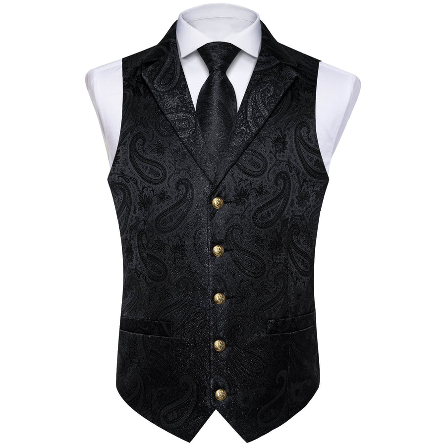 Midnight Black Woven Paisley Silk Suit Vest Set vest set    - Sophisticated Gentlemen