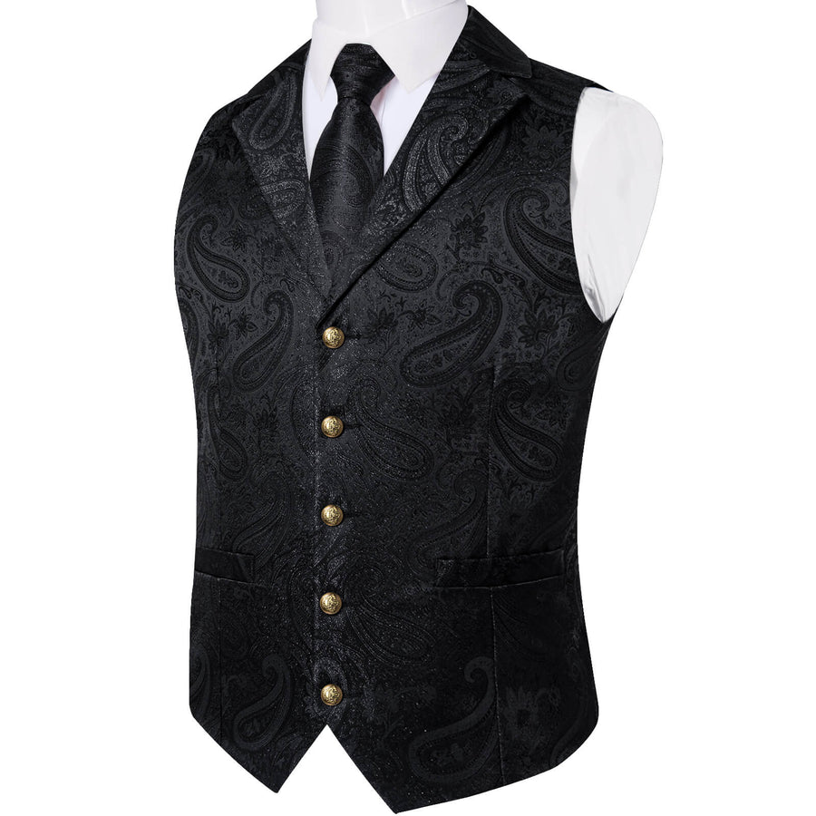 Midnight Black Woven Paisley Silk Suit Vest Set vest set    - Sophisticated Gentlemen