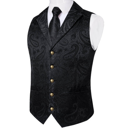 Midnight Black Woven Paisley Silk Suit Vest Set vest set    - Sophisticated Gentlemen