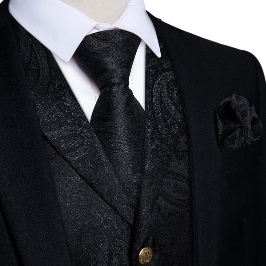 Midnight Black Woven Paisley Silk Suit Vest Set vest set S (Chest 40")   - Sophisticated Gentlemen