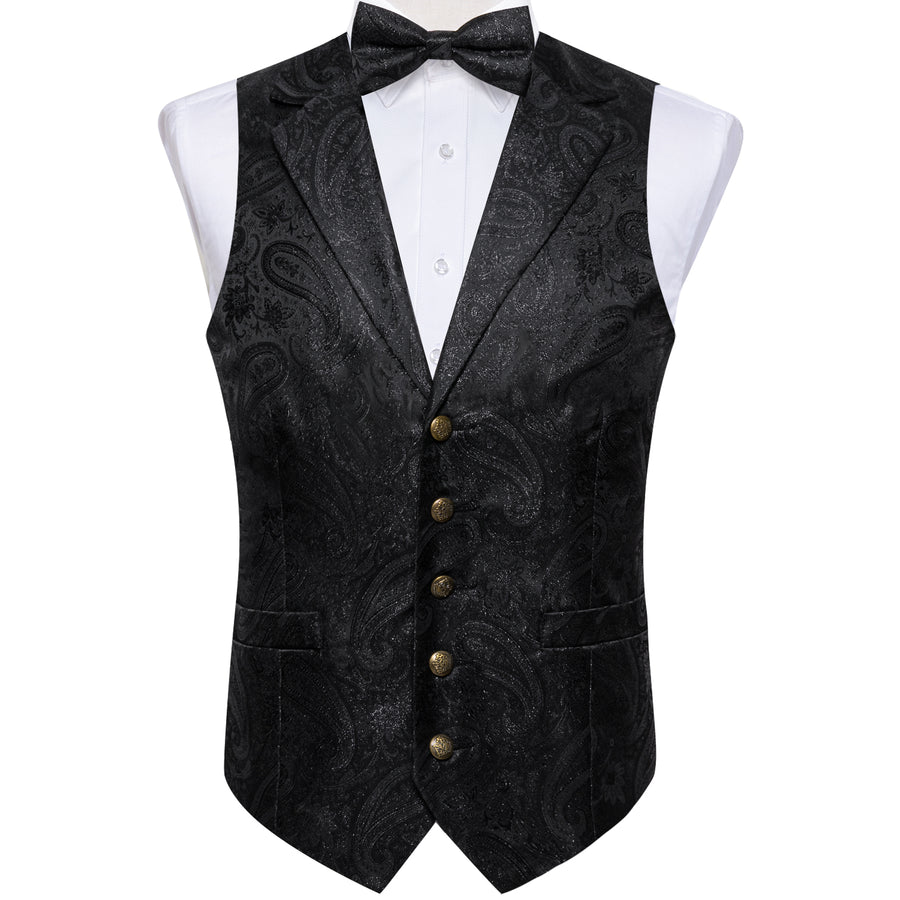 Shining Black Paisley Jacquard Silk Men's Collar Bowtie Vest Set vest set    - Sophisticated Gentlemen