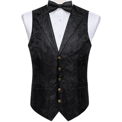 Shining Black Paisley Jacquard Silk Men's Collar Bowtie Vest Set vest set    - Sophisticated Gentlemen
