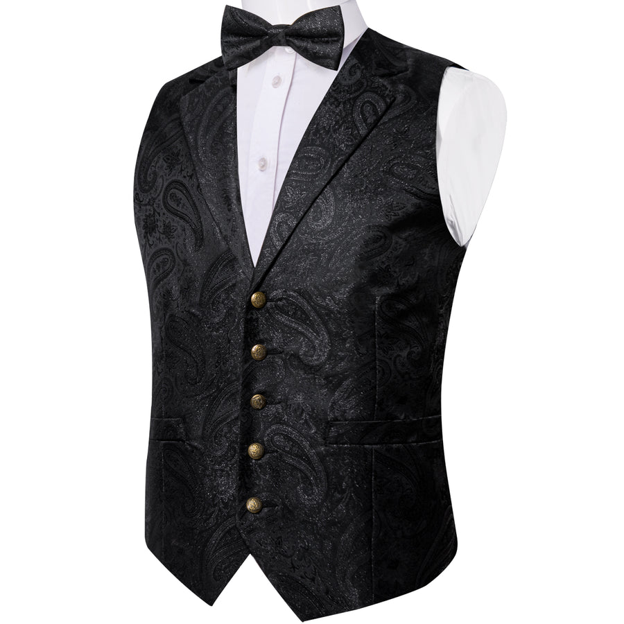 Shining Black Paisley Jacquard Silk Men's Collar Bowtie Vest Set vest set    - Sophisticated Gentlemen