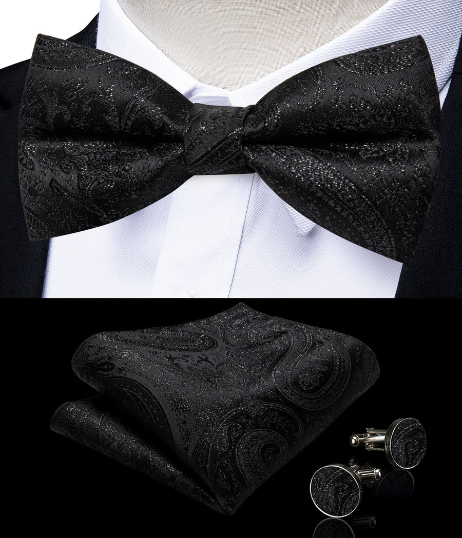 Shining Black Paisley Jacquard Silk Men's Collar Bowtie Vest Set vest set    - Sophisticated Gentlemen