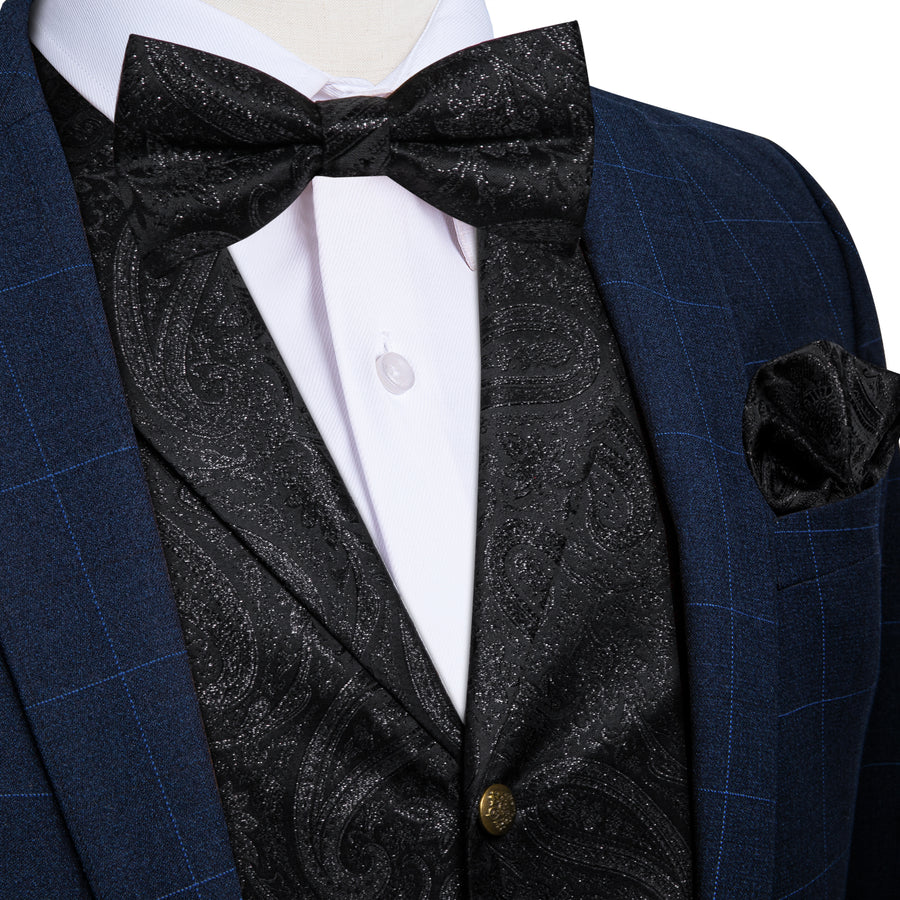 Shining Black Paisley Jacquard Silk Men's Collar Bowtie Vest Set vest set S (Chest 40")   - Sophisticated Gentlemen