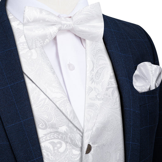 White Paisley Jacquard Silk Men's Collar Bowtie Vest Set vest set S (Chest 40")   - Sophisticated Gentlemen