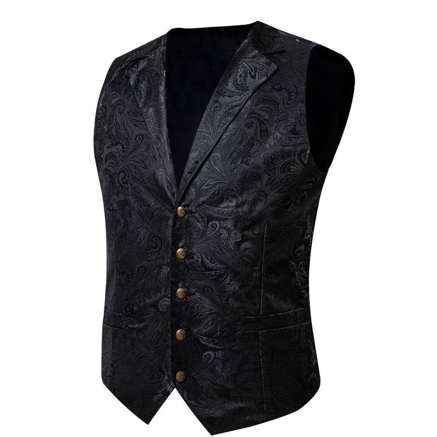 Classic Black Paisley Jacquard Silk Men's Collar Bowtie Vest Set vest set    - Sophisticated Gentlemen