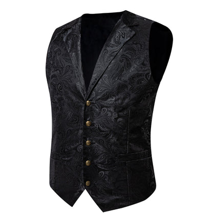 Classic Black Paisley Jacquard Silk Men's Collar Bowtie Vest Set vest set    - Sophisticated Gentlemen