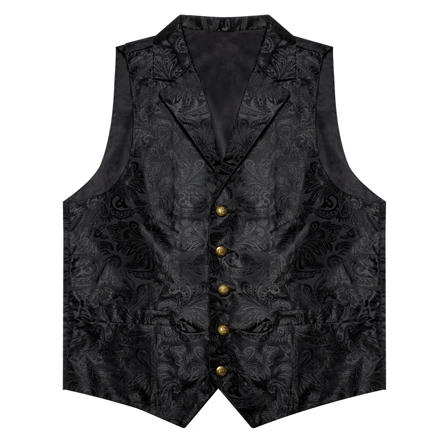 Classic Black Paisley Jacquard Silk Men's Collar Bowtie Vest Set vest set    - Sophisticated Gentlemen