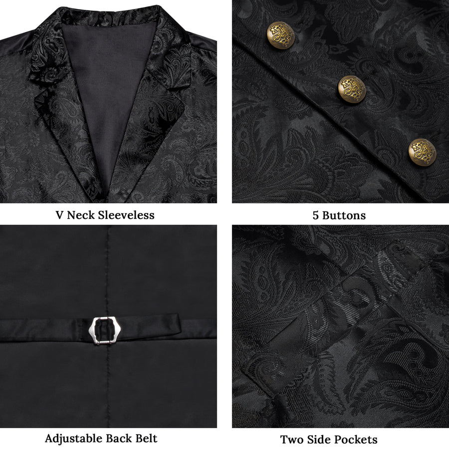 Classic Black Paisley Jacquard Silk Men's Collar Bowtie Vest Set vest set    - Sophisticated Gentlemen