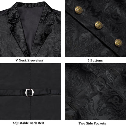 Classic Black Paisley Jacquard Silk Men's Collar Bowtie Vest Set vest set    - Sophisticated Gentlemen