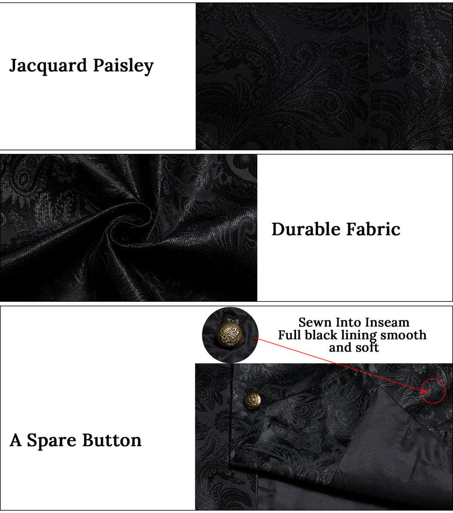 Classic Black Paisley Jacquard Silk Men's Collar Bowtie Vest Set vest set    - Sophisticated Gentlemen