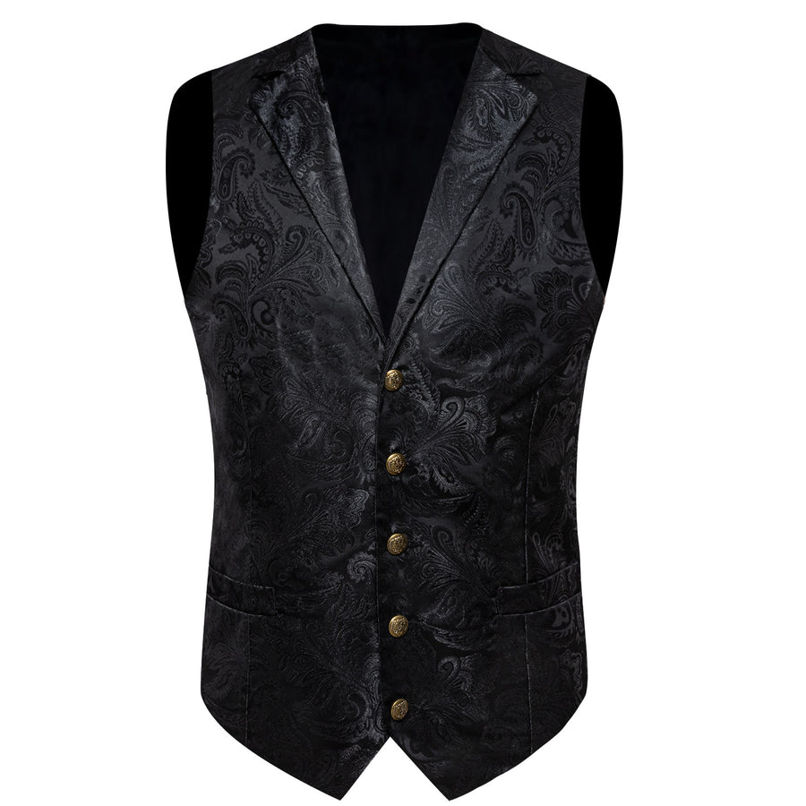 Classic Black Paisley Jacquard Silk Men's Collar Bowtie Vest Set vest set    - Sophisticated Gentlemen