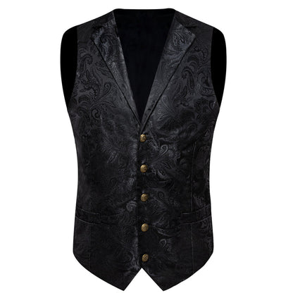 Classic Black Paisley Jacquard Silk Men's Collar Bowtie Vest Set vest set    - Sophisticated Gentlemen