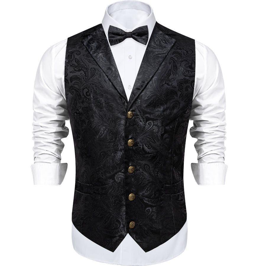 Classic Black Paisley Jacquard Silk Men's Collar Bowtie Vest Set vest set    - Sophisticated Gentlemen