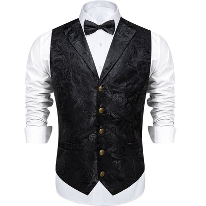 Classic Black Paisley Jacquard Silk Men's Collar Bowtie Vest Set vest set    - Sophisticated Gentlemen