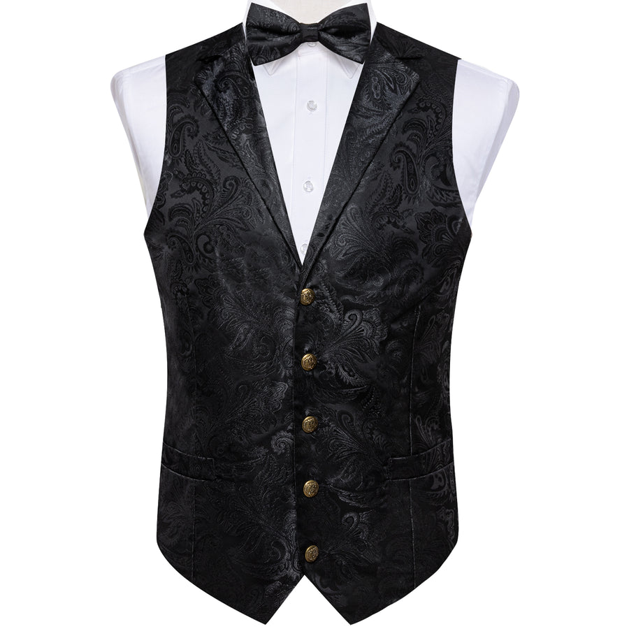Classic Black Paisley Jacquard Silk Men's Collar Bowtie Vest Set vest set    - Sophisticated Gentlemen