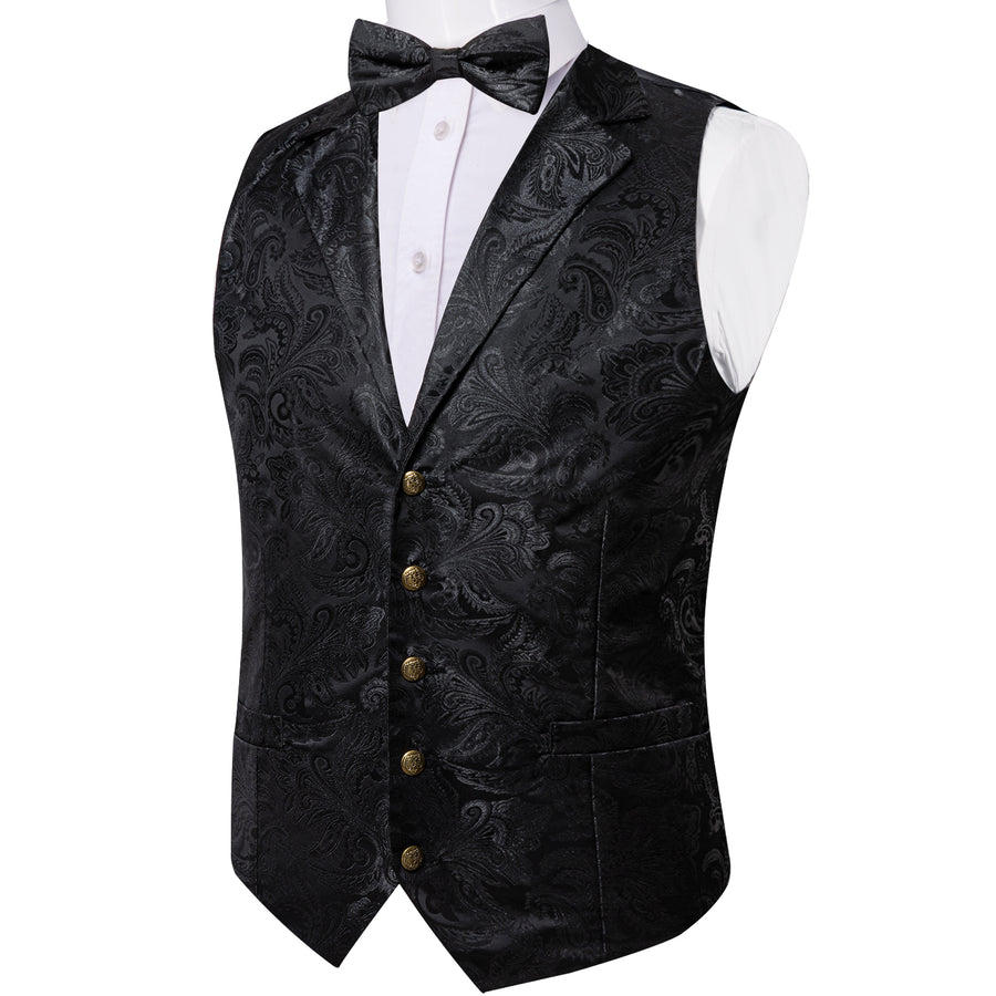 Classic Black Paisley Jacquard Silk Men's Collar Bowtie Vest Set vest set    - Sophisticated Gentlemen