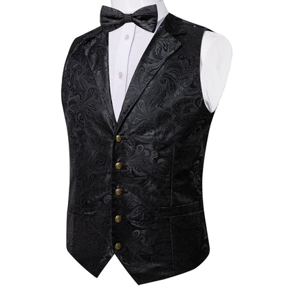 Classic Black Paisley Jacquard Silk Men's Collar Bowtie Vest Set vest set    - Sophisticated Gentlemen