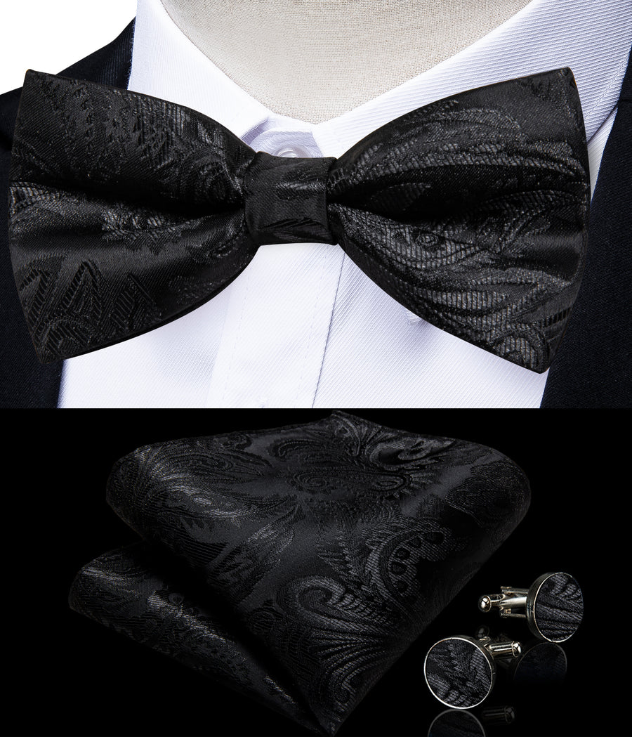 Classic Black Paisley Jacquard Silk Men's Collar Bowtie Vest Set vest set    - Sophisticated Gentlemen