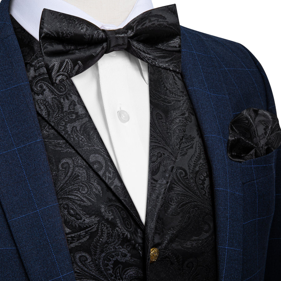 Classic Black Paisley Jacquard Silk Men's Collar Bowtie Vest Set vest set S (Chest 40")   - Sophisticated Gentlemen