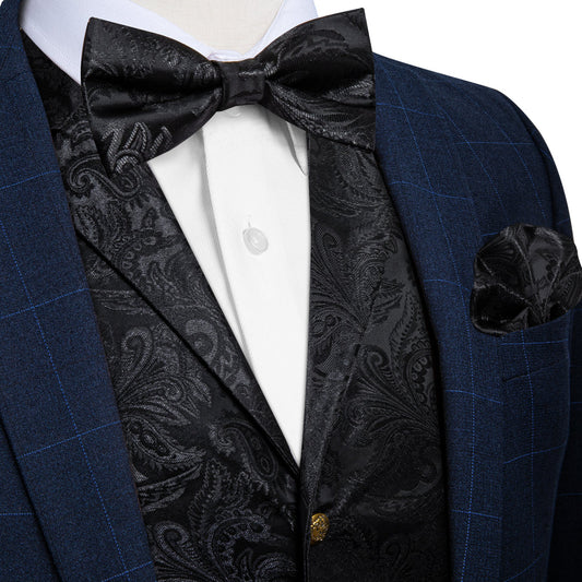 Classic Black Paisley Jacquard Silk Men's Collar Bowtie Vest Set vest set S (Chest 40")   - Sophisticated Gentlemen