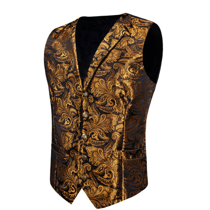 Brown Golden Paisley Silk Men's Collar Bowtie Vest Set vest set    - Sophisticated Gentlemen