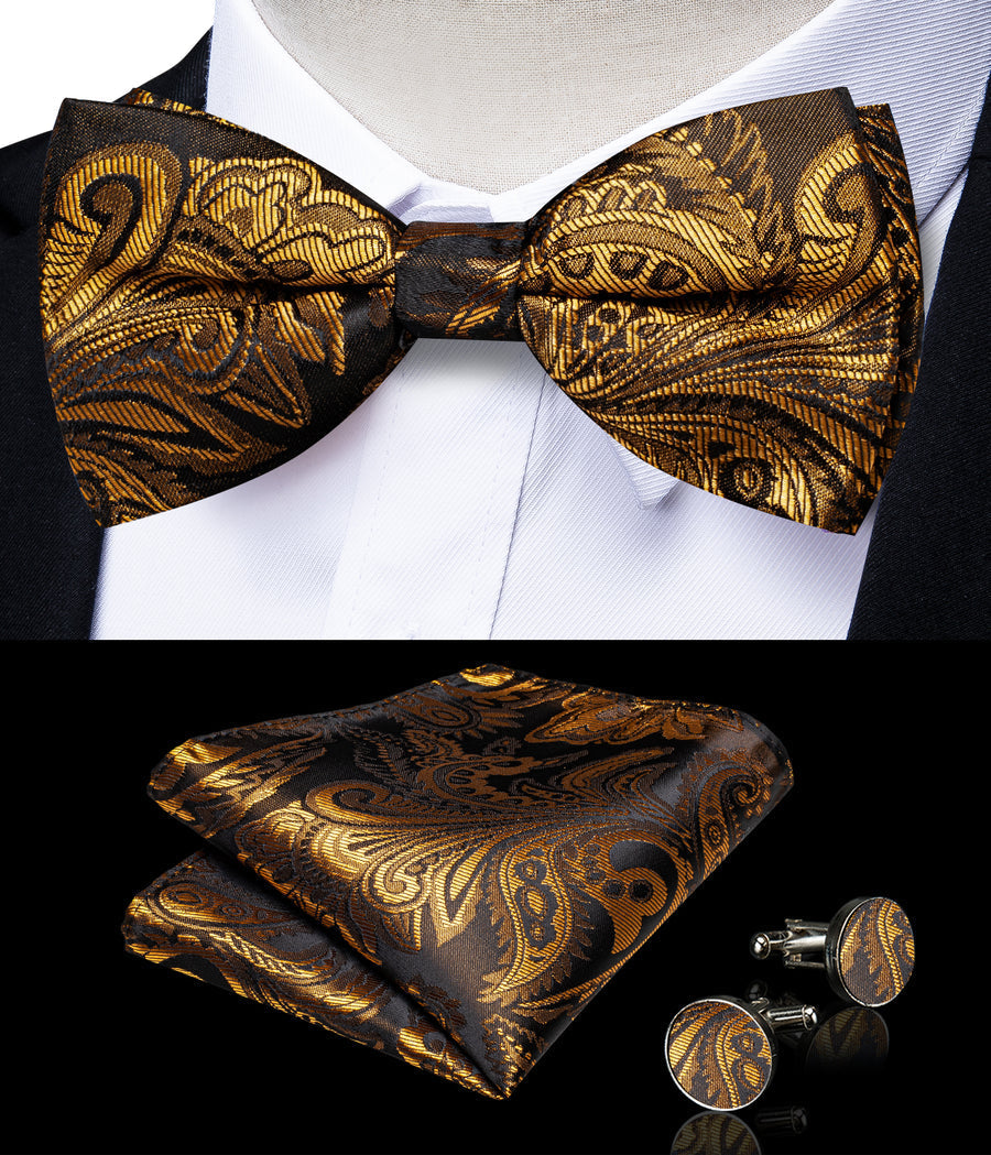 Brown Golden Paisley Silk Men's Collar Bowtie Vest Set vest set    - Sophisticated Gentlemen
