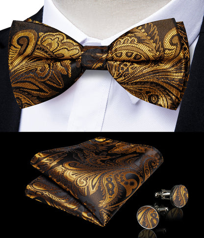 Brown Golden Paisley Silk Men's Collar Bowtie Vest Set vest set    - Sophisticated Gentlemen