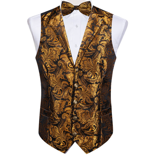 Brown Golden Paisley Silk Men's Collar Bowtie Vest Set vest set S (Chest 40")   - Sophisticated Gentlemen