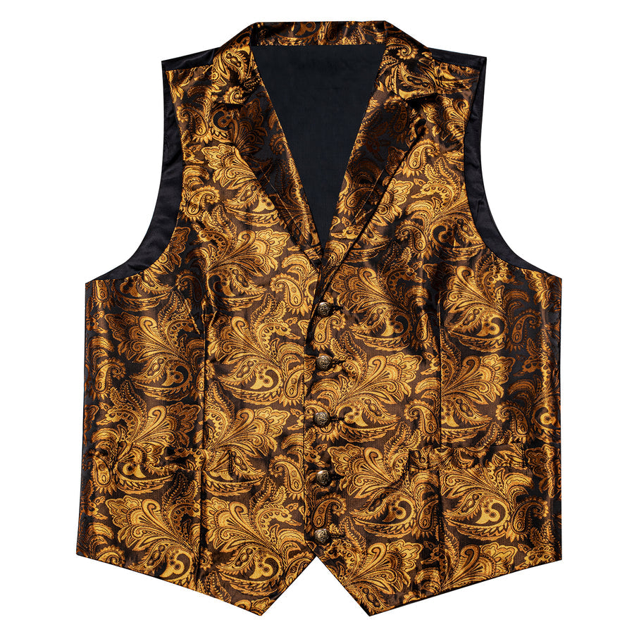 Brown Golden Paisley Silk Men's Collar Bowtie Vest Set vest set    - Sophisticated Gentlemen
