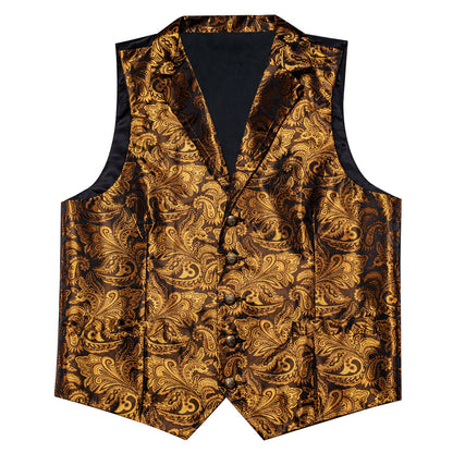 Brown Golden Paisley Silk Men's Collar Bowtie Vest Set vest set    - Sophisticated Gentlemen
