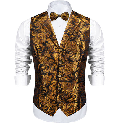 Brown Golden Paisley Silk Men's Collar Bowtie Vest Set vest set    - Sophisticated Gentlemen