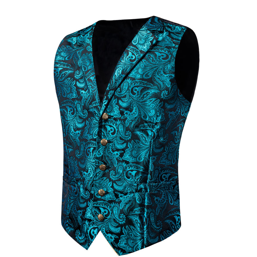 Lake Blue Paisley Silk Men's Bowtie Vest Set vest set    - Sophisticated Gentlemen