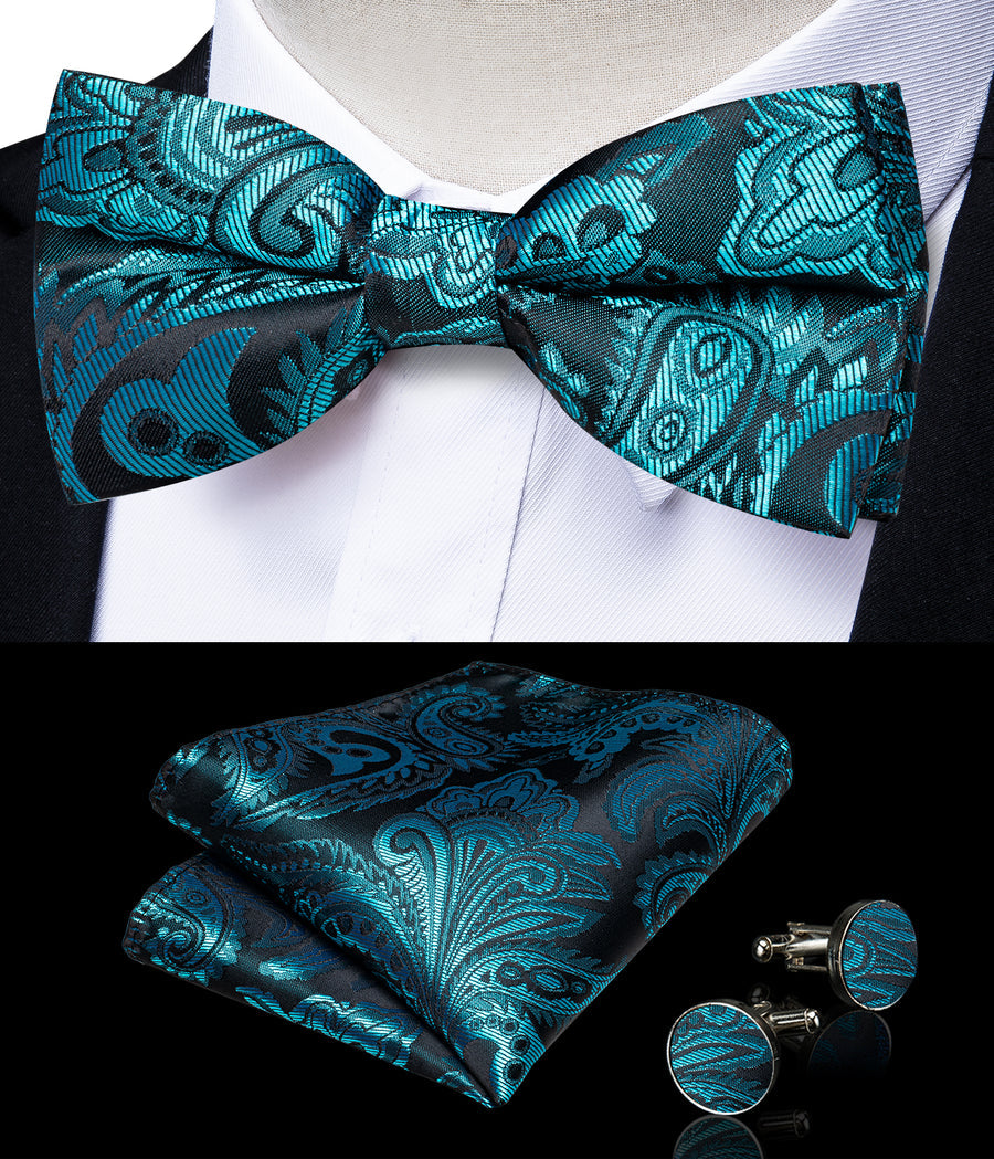 Lake Blue Paisley Silk Men's Bowtie Vest Set vest set    - Sophisticated Gentlemen