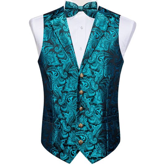 Lake Blue Paisley Silk Men's Bowtie Vest Set vest set S (Chest 40")   - Sophisticated Gentlemen