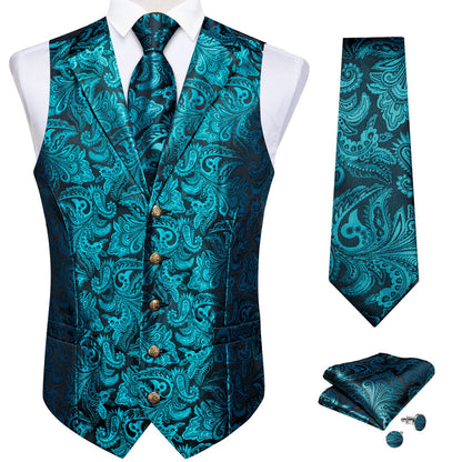 Lake Blue Paisley Men's Collar Vest Set vest set    - Sophisticated Gentlemen