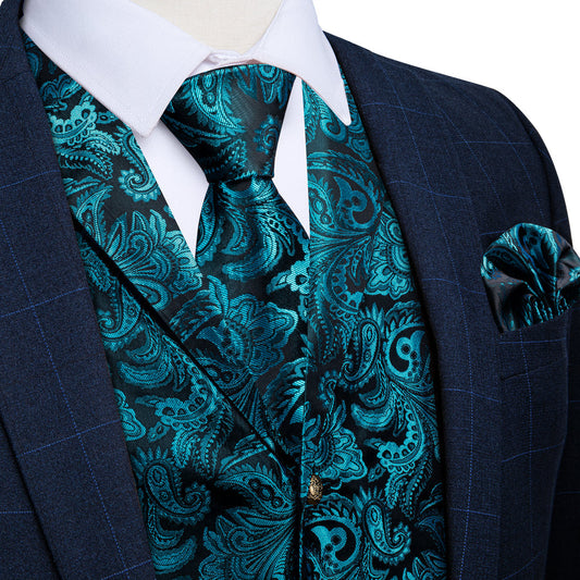 Lake Blue Paisley Men's Collar Vest Set vest set S (Chest 40")   - Sophisticated Gentlemen