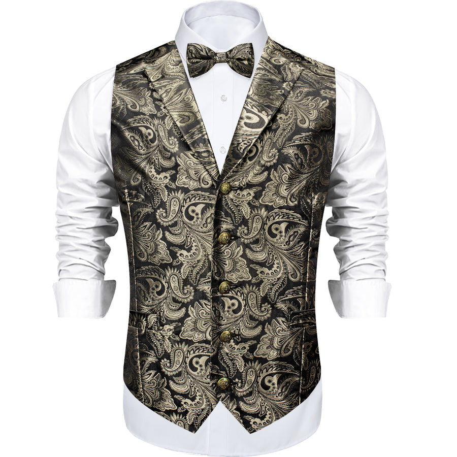 Gray Brown Paisley Silk Men's Collar Bowtie Vest Set vest set    - Sophisticated Gentlemen