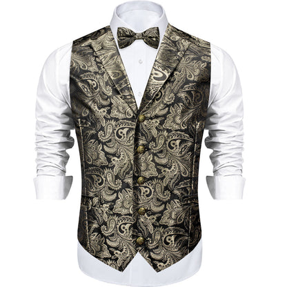Gray Brown Paisley Silk Men's Collar Bowtie Vest Set vest set    - Sophisticated Gentlemen