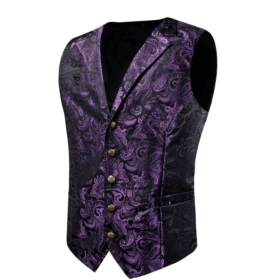 Dark Purple Paisley Silk Men's Collar Bowtie Vest Set vest set    - Sophisticated Gentlemen