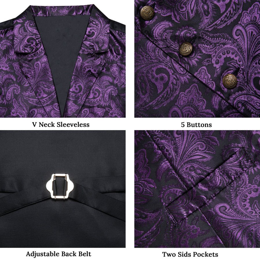 Dark Purple Paisley Silk Men's Collar Bowtie Vest Set vest set    - Sophisticated Gentlemen