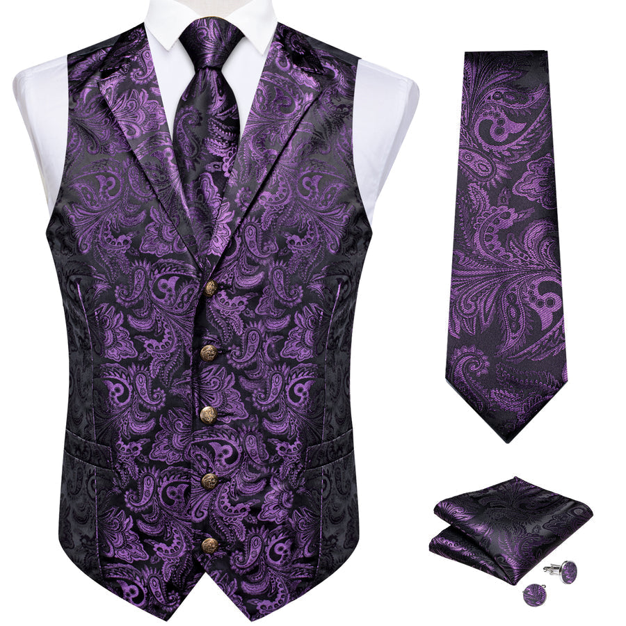 Dark Purple Paisley Men's Collar Vest Set vest set    - Sophisticated Gentlemen