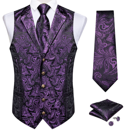 Dark Purple Paisley Men's Collar Vest Set vest set    - Sophisticated Gentlemen
