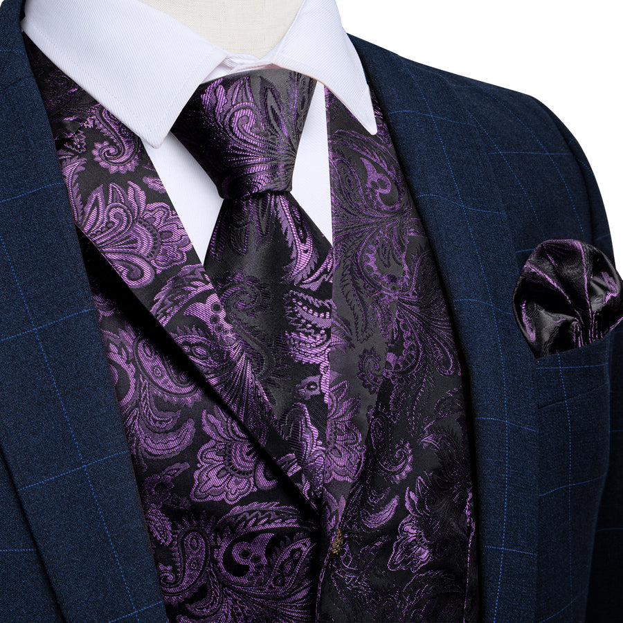 Dark Purple Paisley Men's Collar Vest Set vest set S (Chest 40")   - Sophisticated Gentlemen